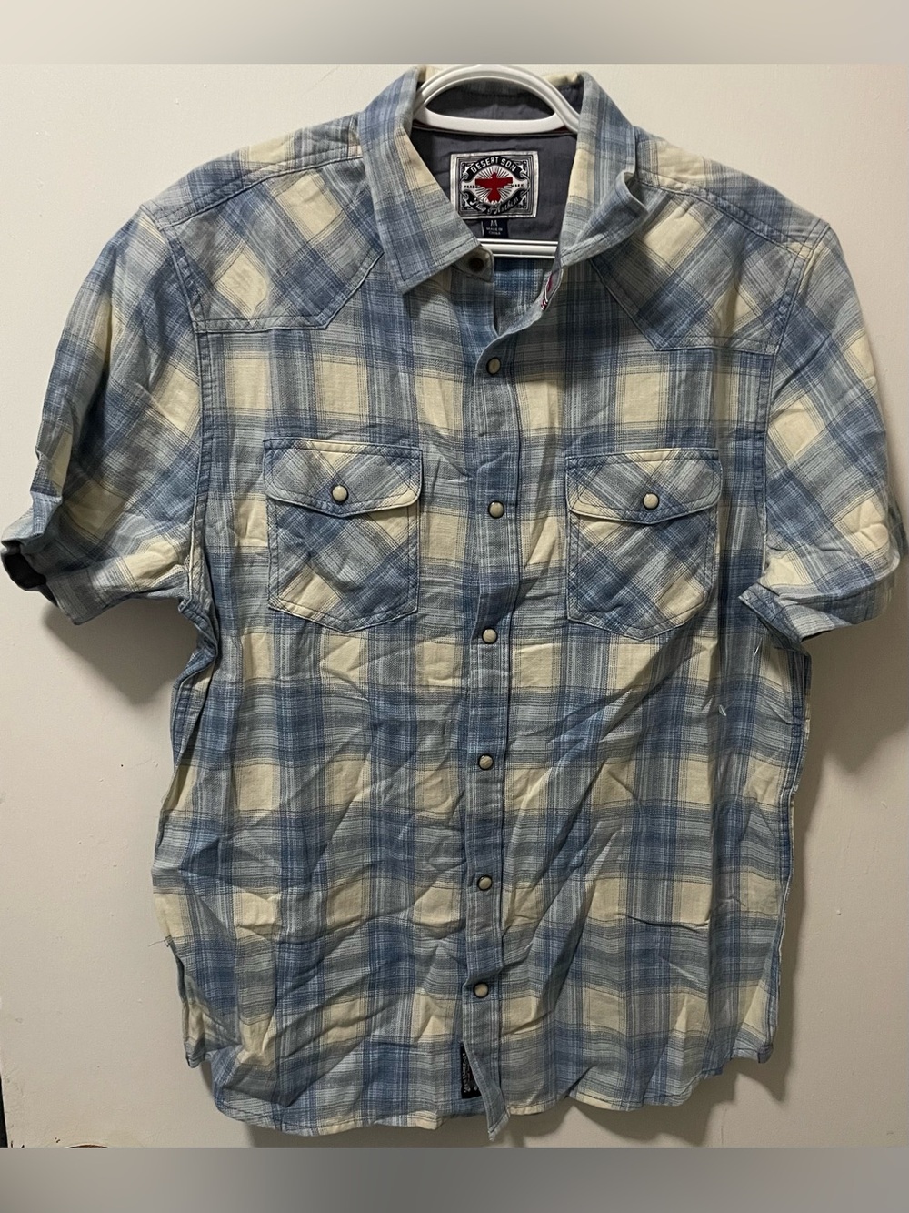 Flag & Anthem Men’s Western Shirt Plaid Snap Button Up Light Blue Cream Medium M